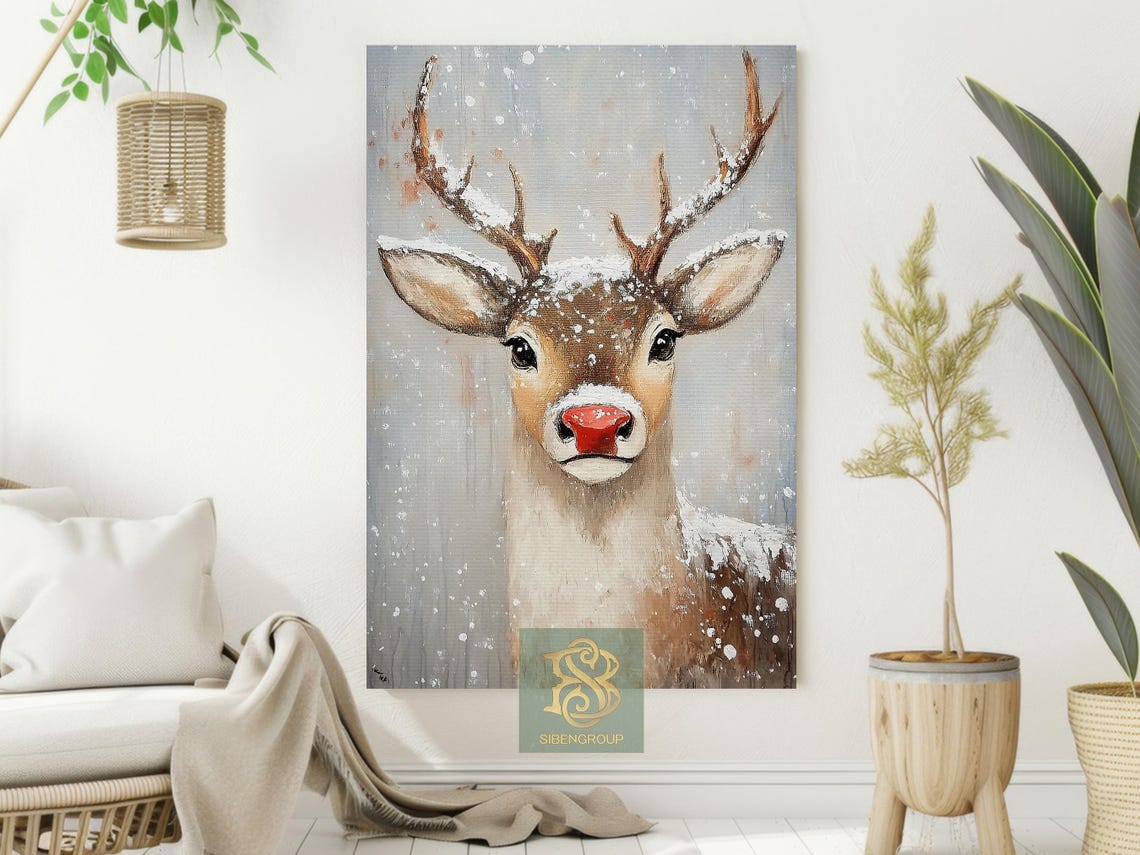 Cute Reindeer With Red Nose in Falling Snow Winter Portrait Poster - Image 2