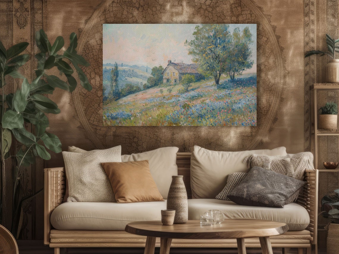 Stone Cottage On Wildflower Hillside Soft Countryside Art Poster - Image 2