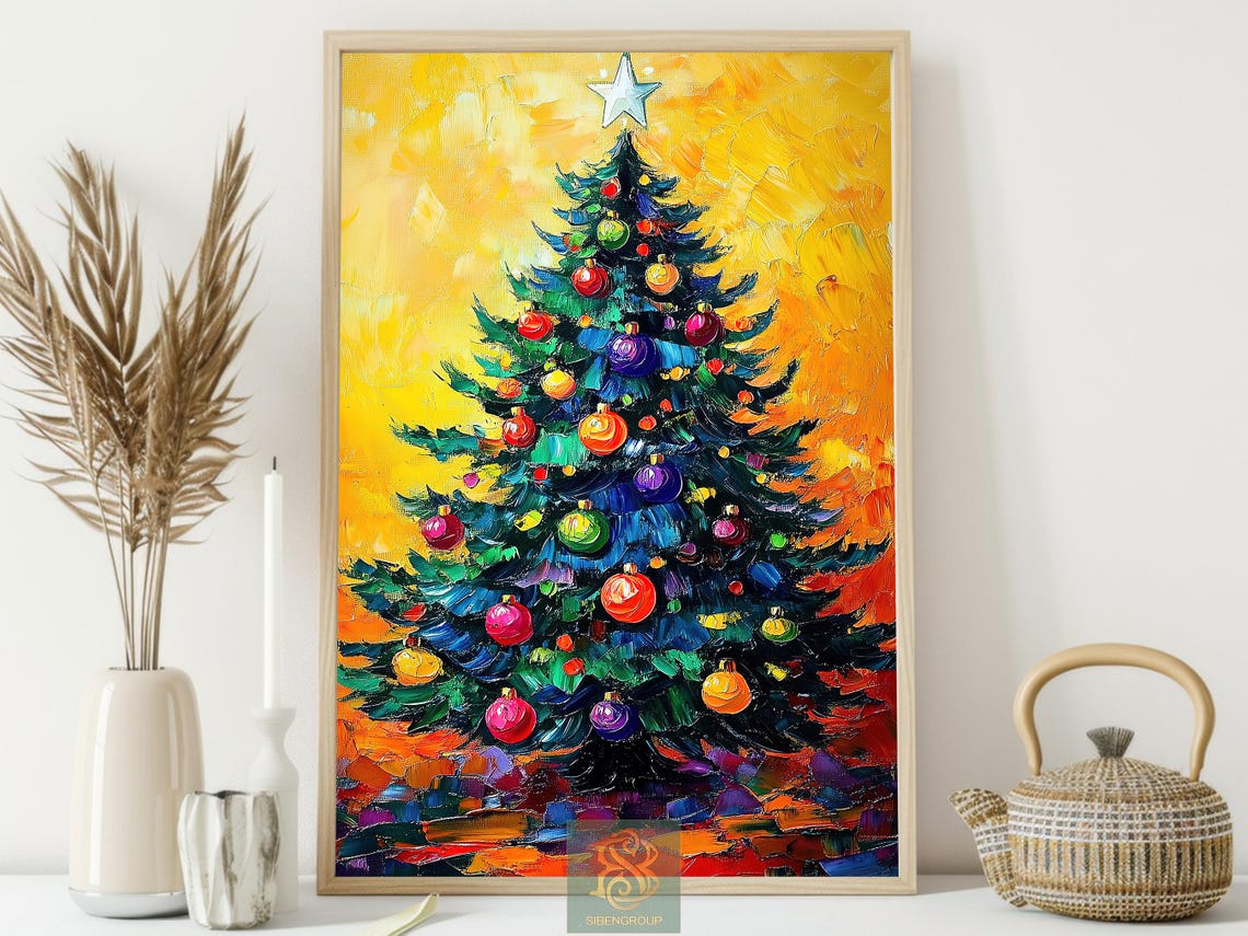 Colorful Impasto Christmas Tree With Bright Ornaments Art Poster - Image 3