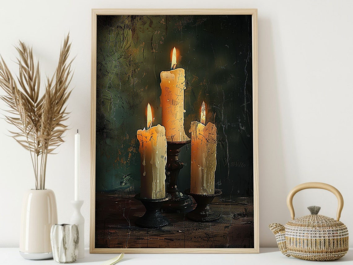 Three Lit Candles Dark Moody Still Life Gothic Candlelight Poster - Image 4