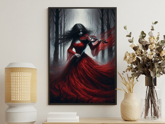 Dark Lady In Red Gown Playing Violin In Misty Forest Gothic Wall Art