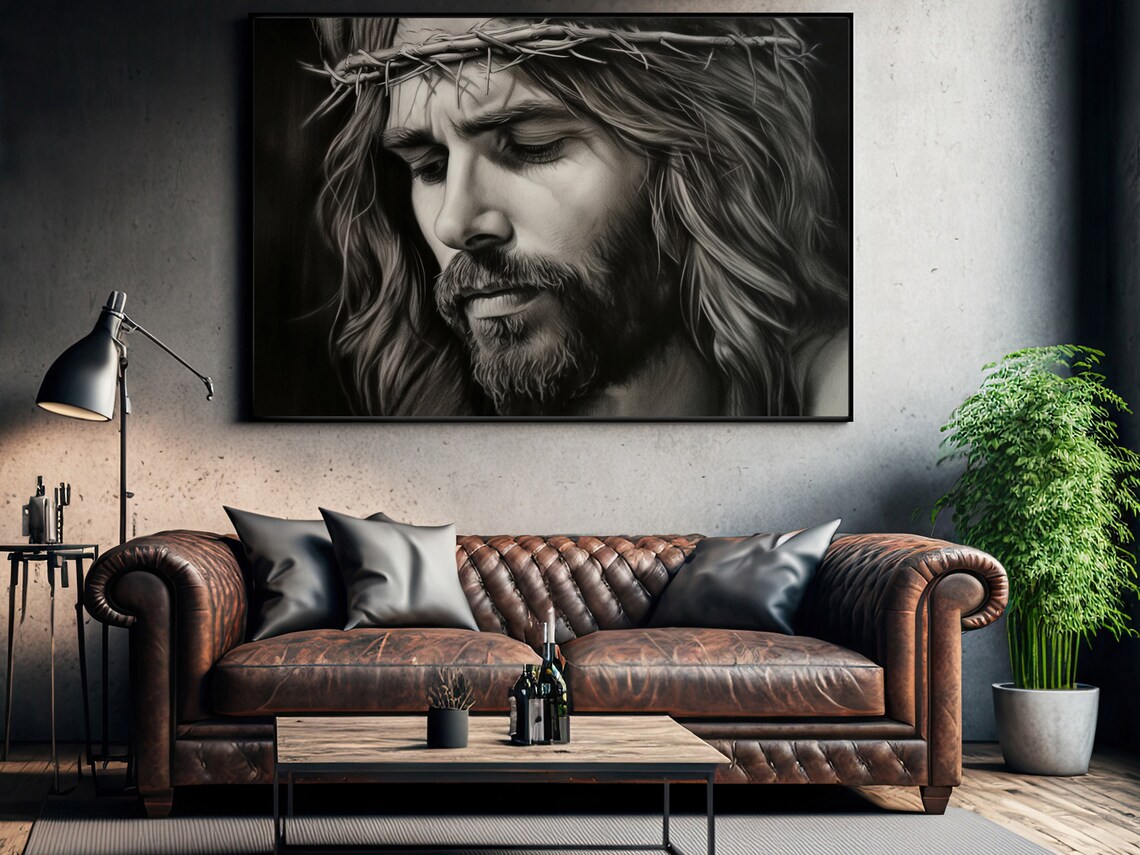 Jesus Crown of Thorns Monochrome Faith Portrait Christian Poster - Image 2