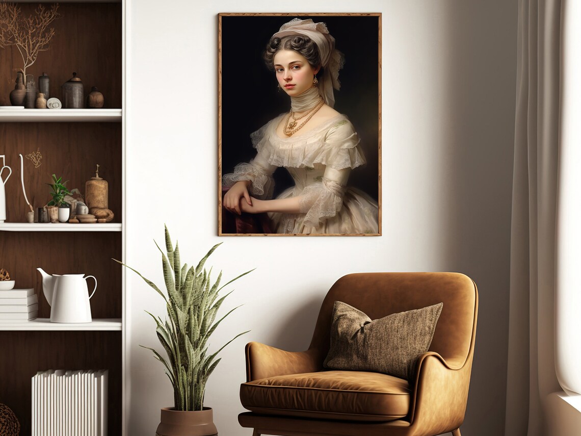 Victorian Woman White Bonnet Pearls Classic Portrait Oil Painting Art Poster - Image 4