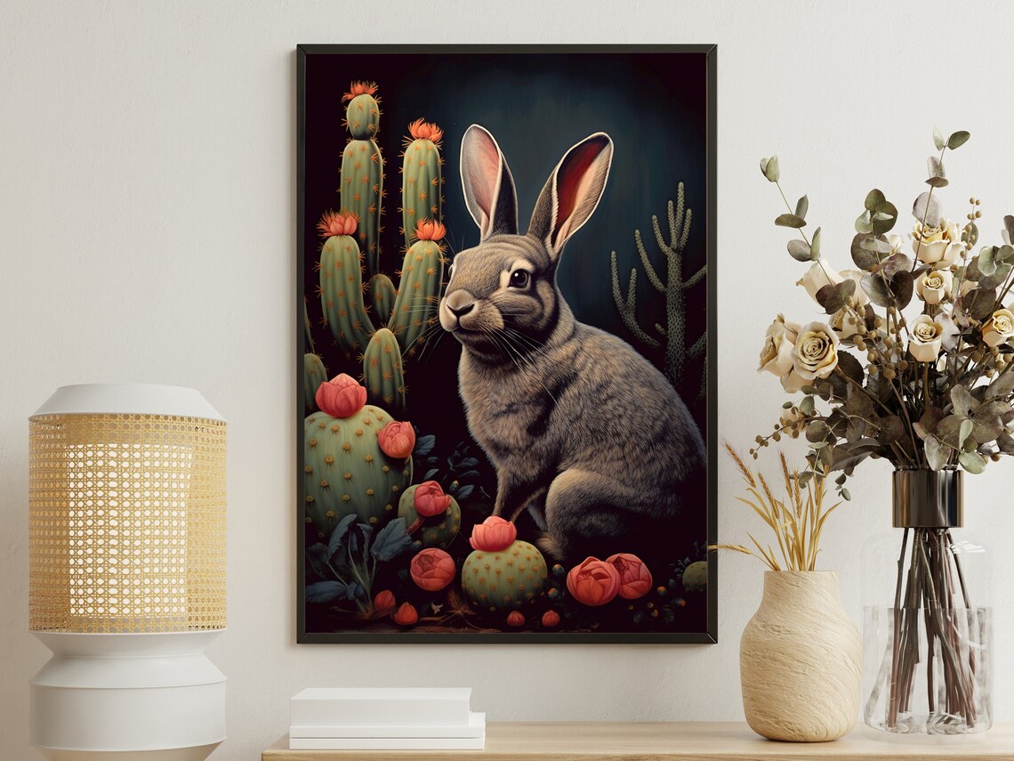 Desert Rabbit Cactus Garden Dark Vintage Wildlife Bunny Painting Art Poster