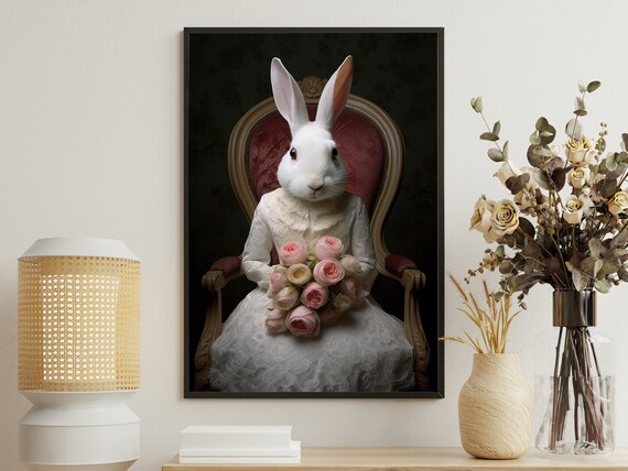 Victorian White Rabbit In Lace Dress Holding Pink Roses Portrait Poster