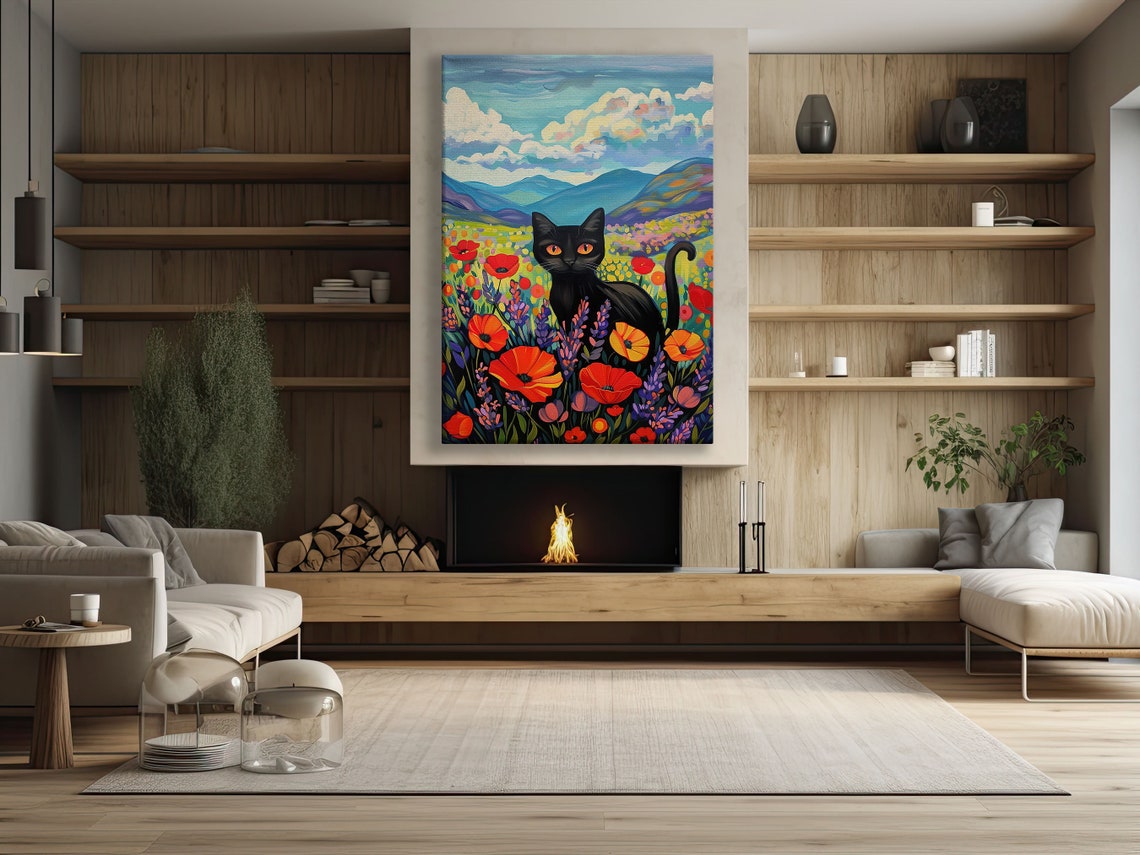 Black Cat In Wildflower Meadow Mountain Folk Art Colorful Poster - Image 2