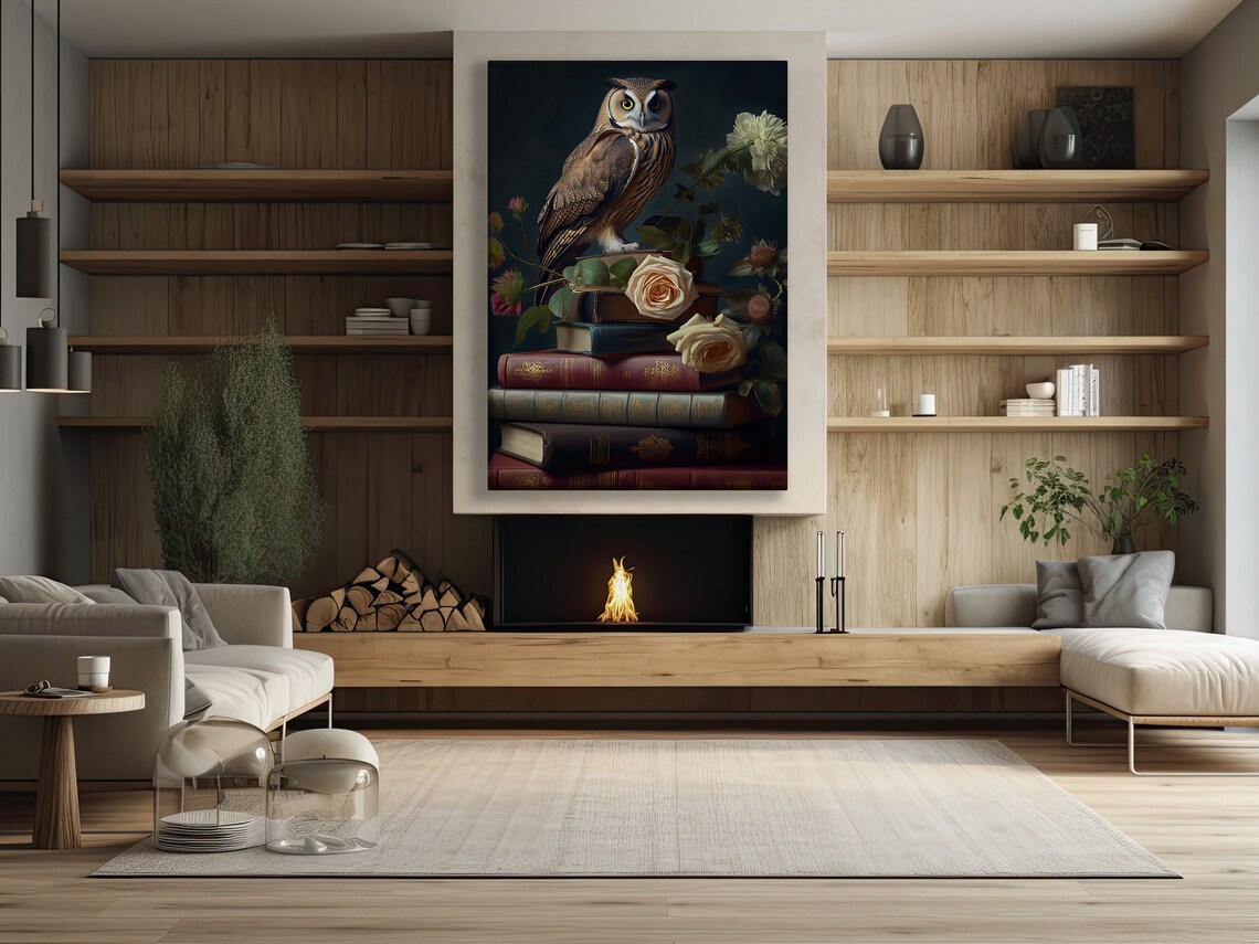 Owl On Vintage Books With Roses Floral Dark Academia Bird Art Poster - Image 3