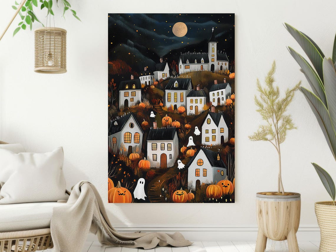 Halloween Village On Hill With Church Pumpkins Moon Night Print - Image 2