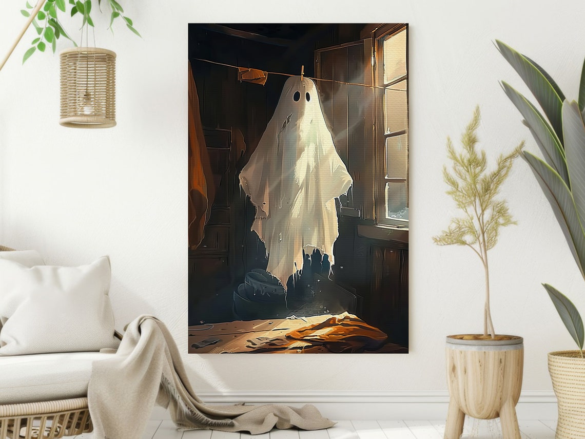 Ghost on Clothesline Sunlit Cabin Warm Vintage Halloween Wall Poster - Image 2