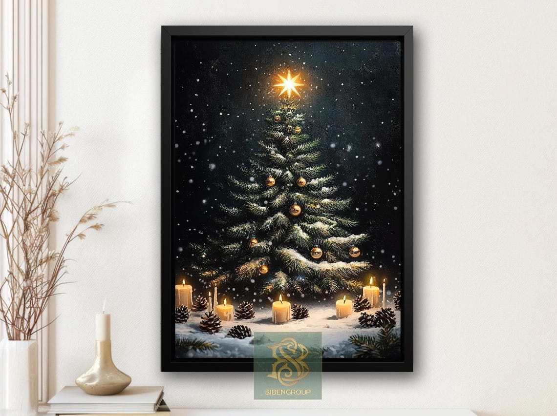 Snowy Christmas Tree at Night With Glowing Star and Candles Poster