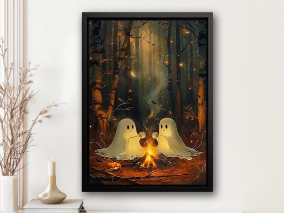 Cute Couple Ghosts Campfire Print Ghost Camping Poster Print Halloween Wall Art Halloween Room Decor