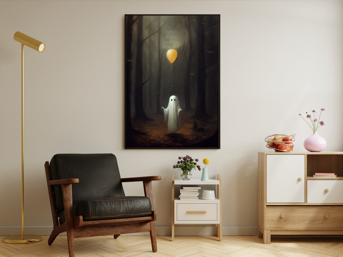 Cute Ghost Yellow Balloon Misty Autumn Forest Spooky Art Poster - Image 3