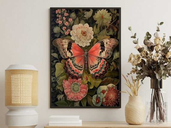 Vintage Butterfly Painting Flowers Art Print Butterfly Print Flowers Wall Art Botanical Art Print Flowers Poster Print