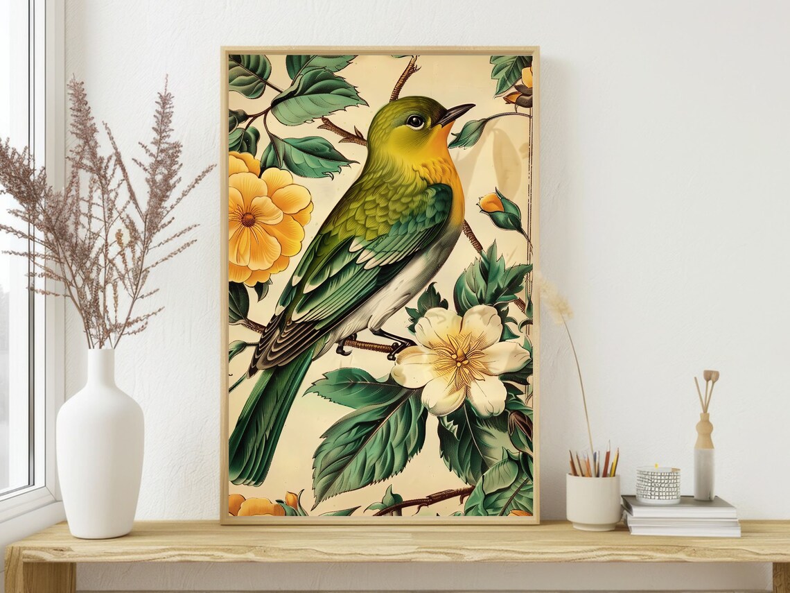 Vintage Green Bird Botanical Print Flowering Branch Songbird Poster - Image 4