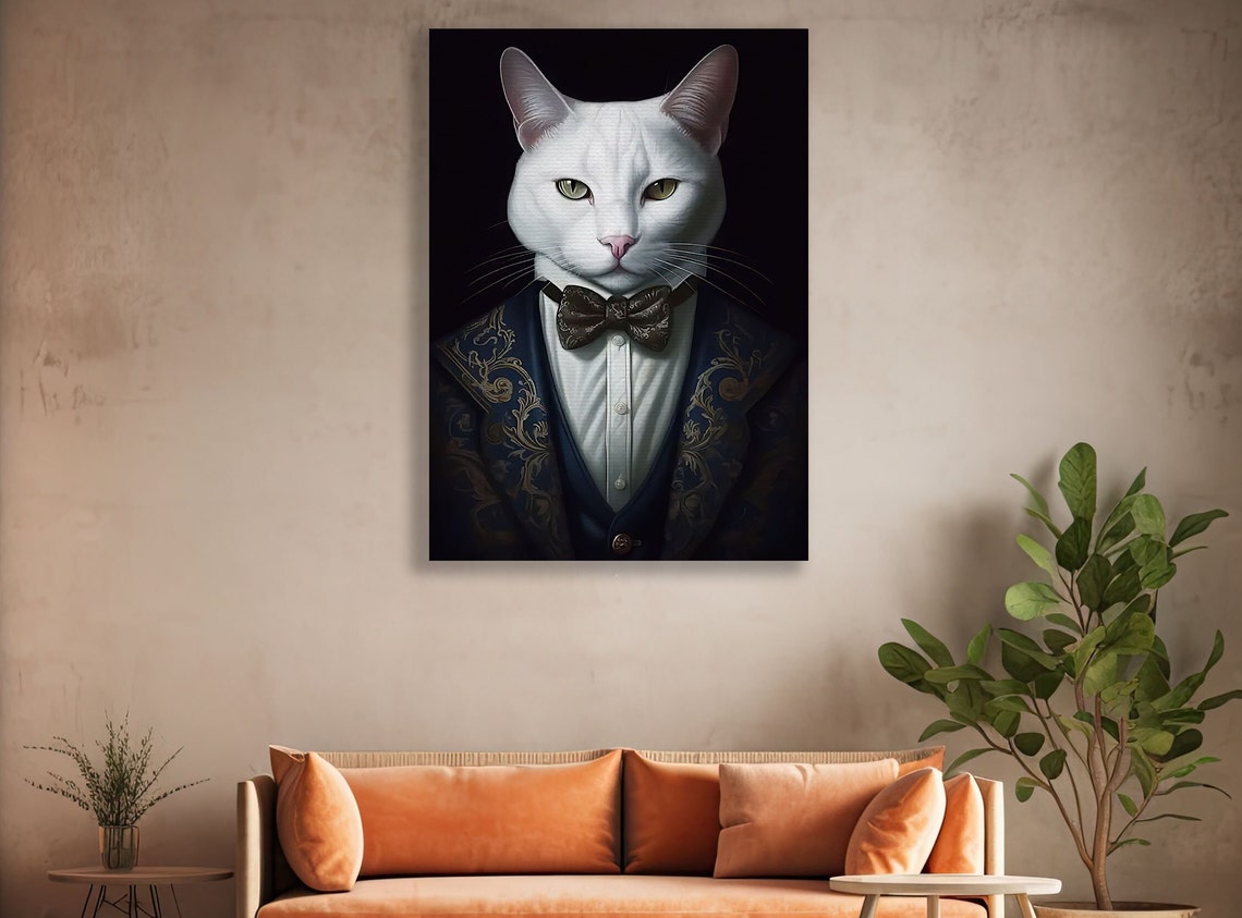 White Cat Brocade Tuxedo Black Bow Tie Regal Portrait Poster - Image 4