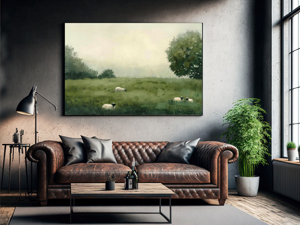 Sheep Grazing In Misty Green Pasture Minimalist Farm Art Poster - Image 2