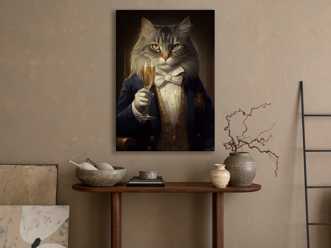 Victorian Cat Tuxedo Champagne Toast Funny Animal Portrait Wall Art Poster - Image 4