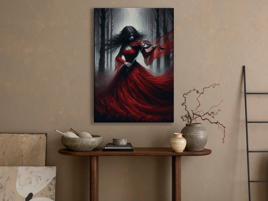 Dark Lady In Red Gown Playing Violin In Misty Forest Gothic Wall Art - Image 3