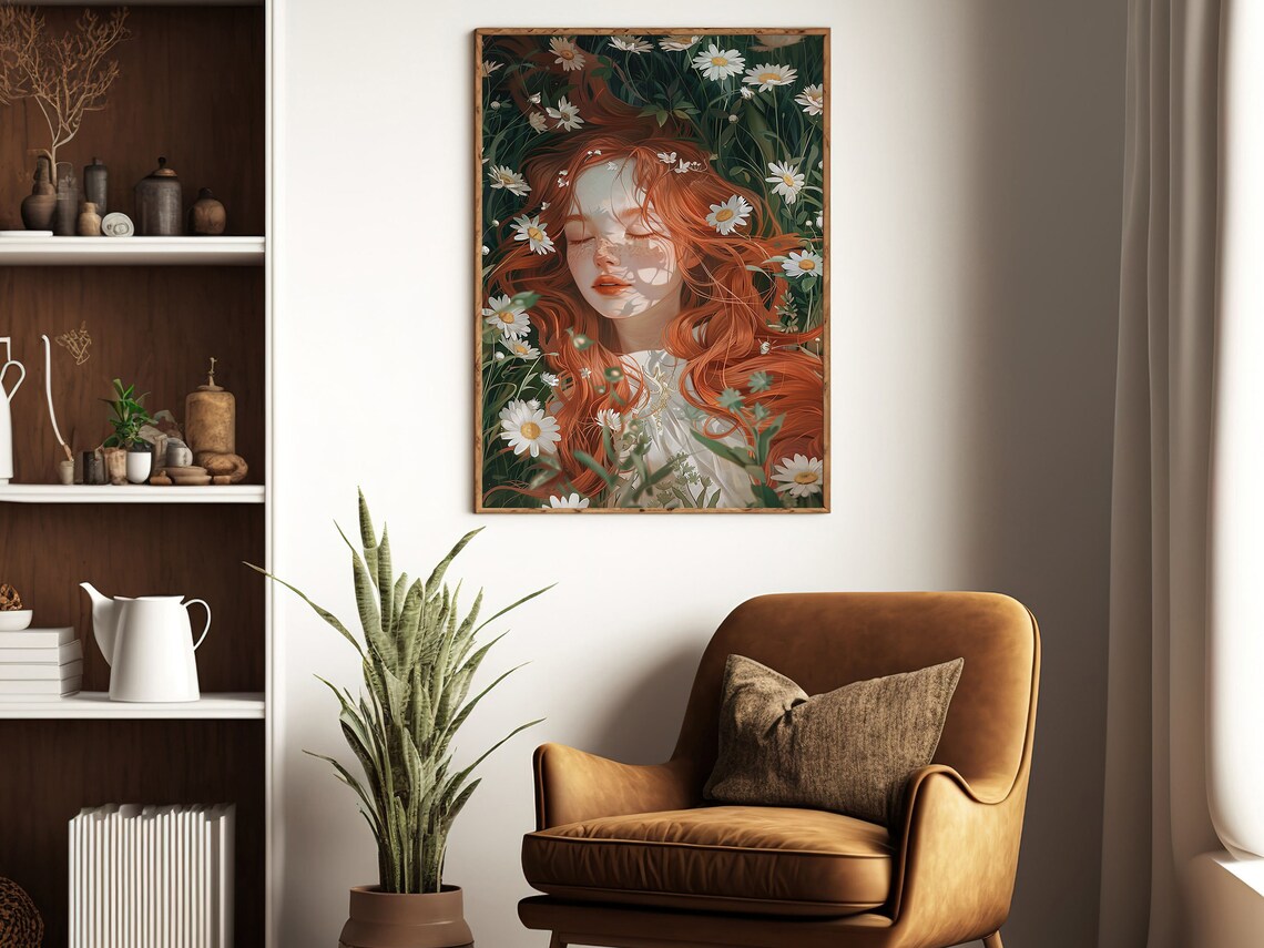 Red Haired Girl Among Daisies Dreamy Floral Portrait Art Poster - Image 3