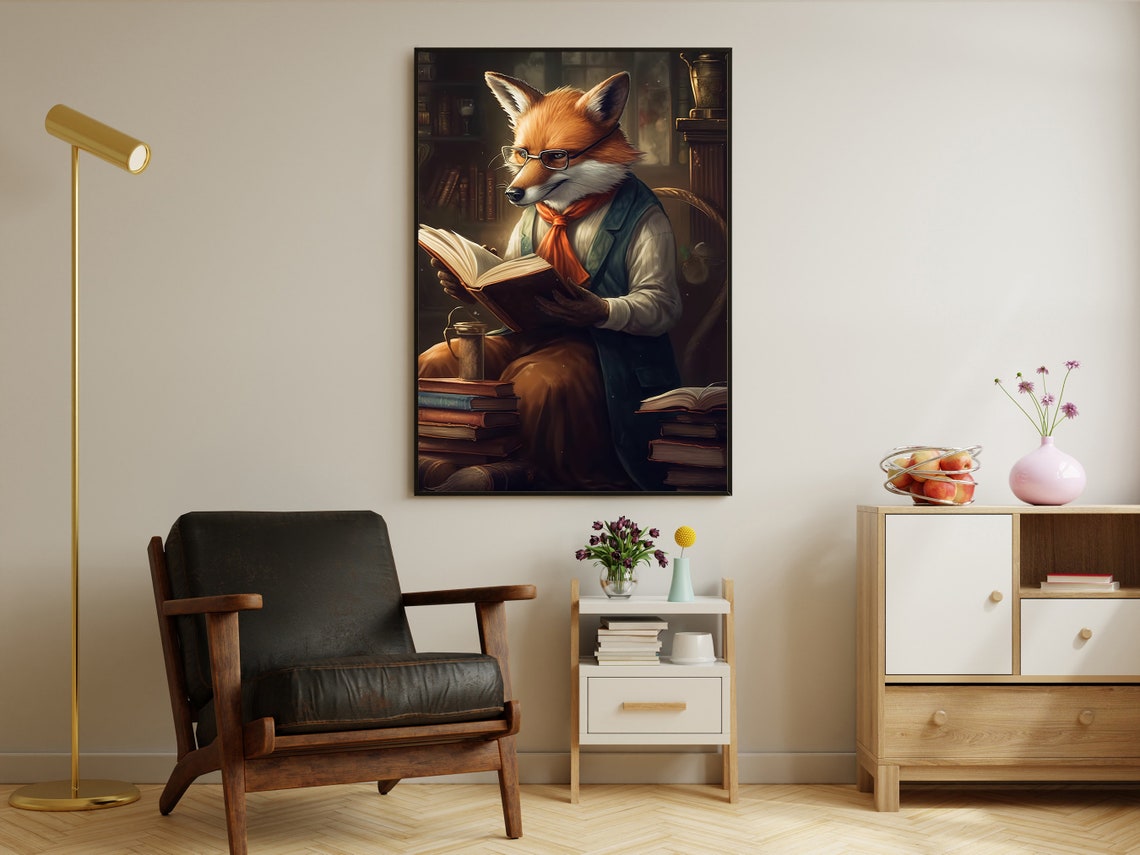 Scholar Fox Reading Book Library Glasses Dark Academia Poster - Image 2
