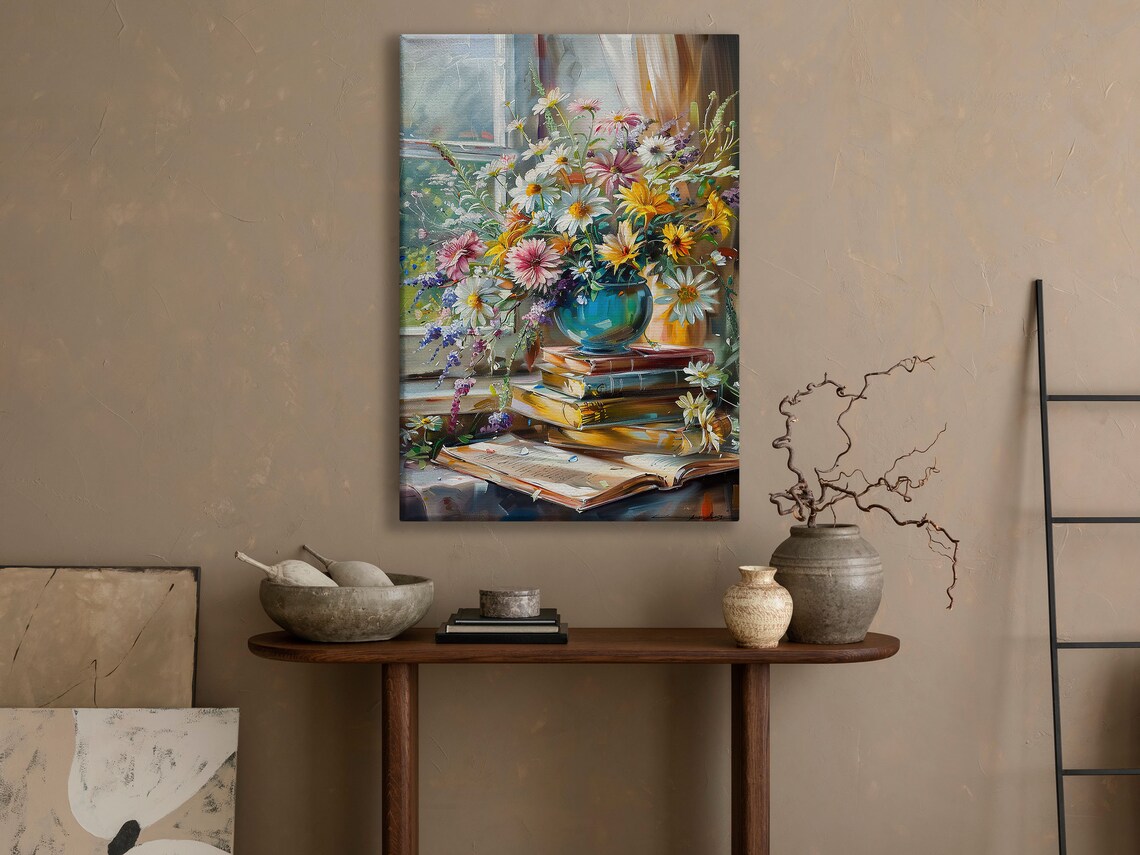 Wildflower Bouquet In Blue Vase On Books By Window Floral Poster - Image 4