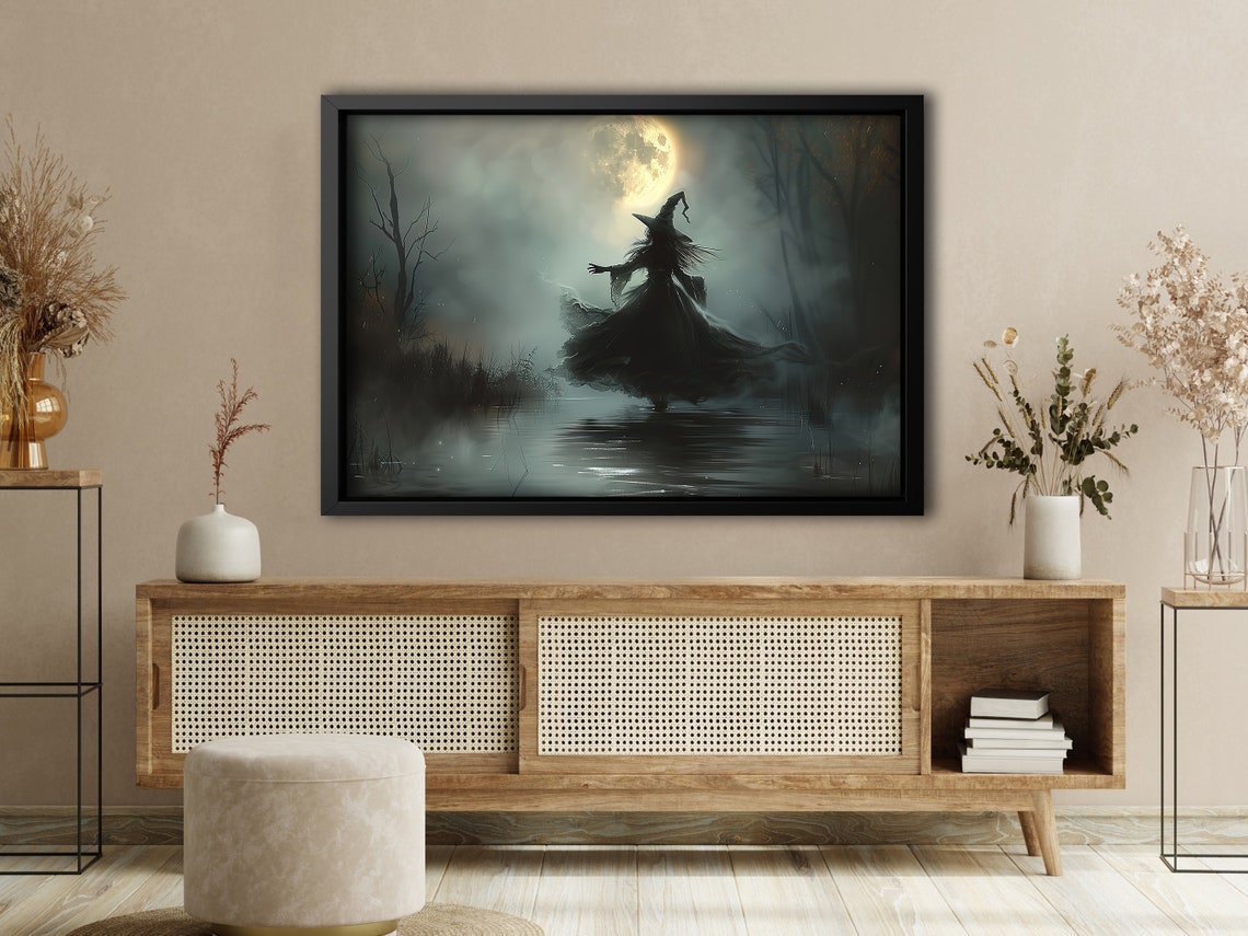 Mystical Witch Dancing Under Full Moon In Misty Marsh Halloween Print - Image 4