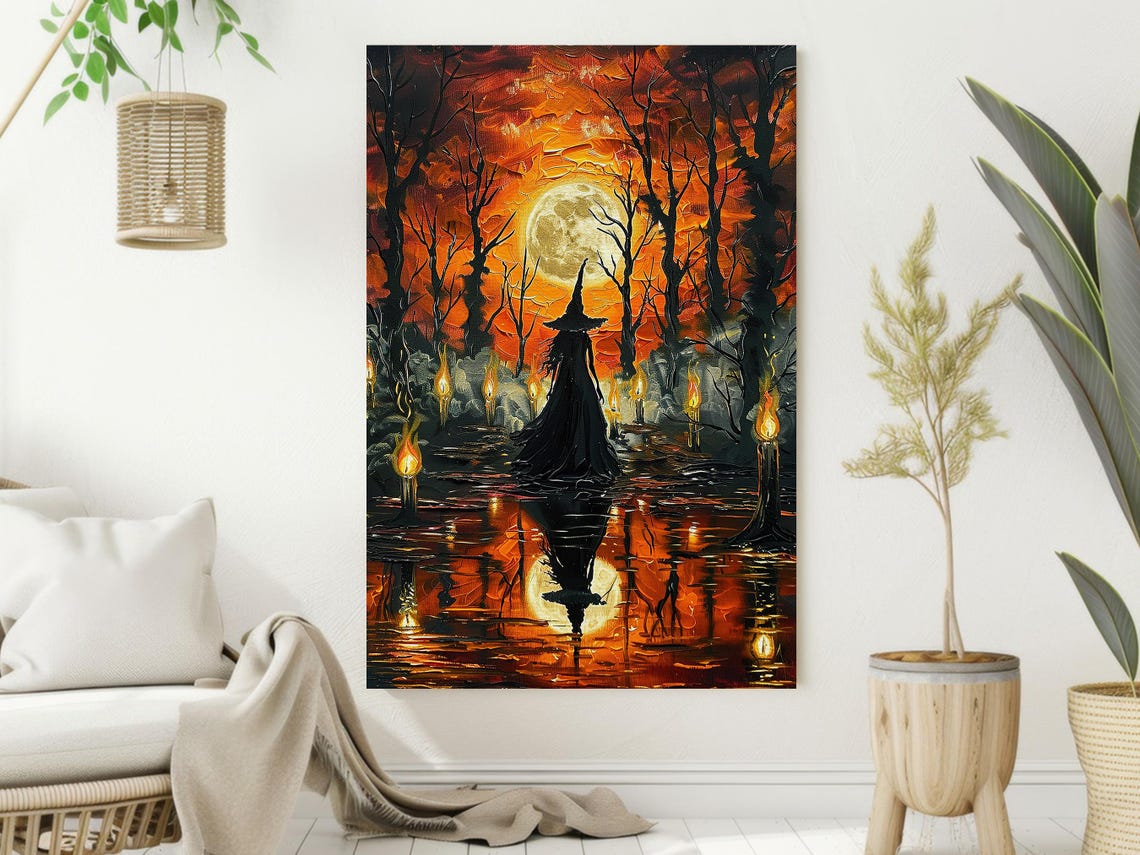 Witch Silhouette in Moonlit Water with Candles Fiery Night Art Poster - Image 2