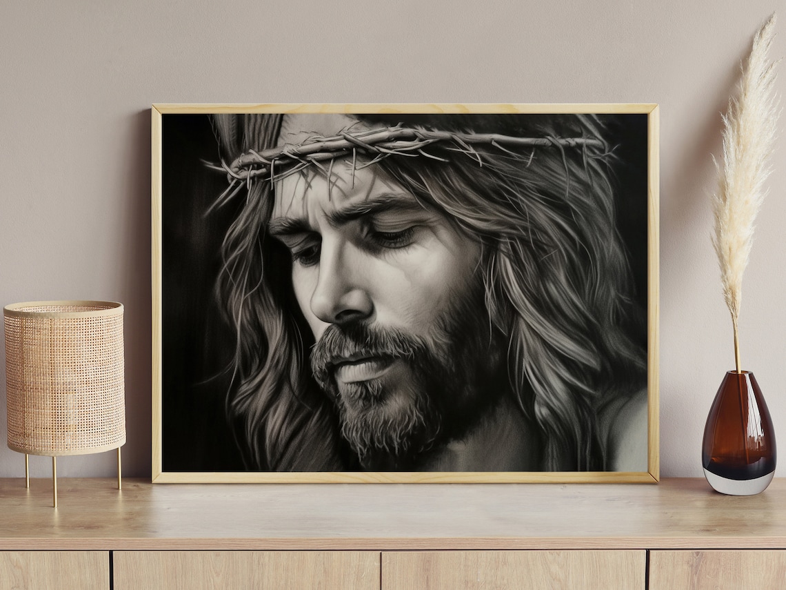Jesus Crown of Thorns Monochrome Faith Portrait Christian Poster