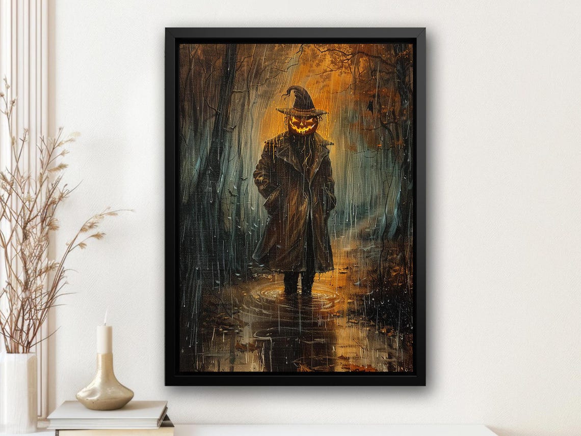 Spooky Pumpkin Head Man in Rainy Dark Forest Oil Painting Poster