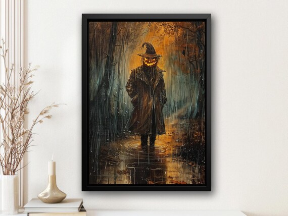 Spooky Pumpkin Head Man in Rainy Dark Forest Oil Painting Poster