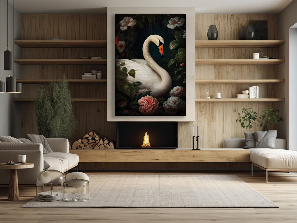 Graceful White Swan Among Pink Roses Dark Botanical Animal Art Poster - Image 2