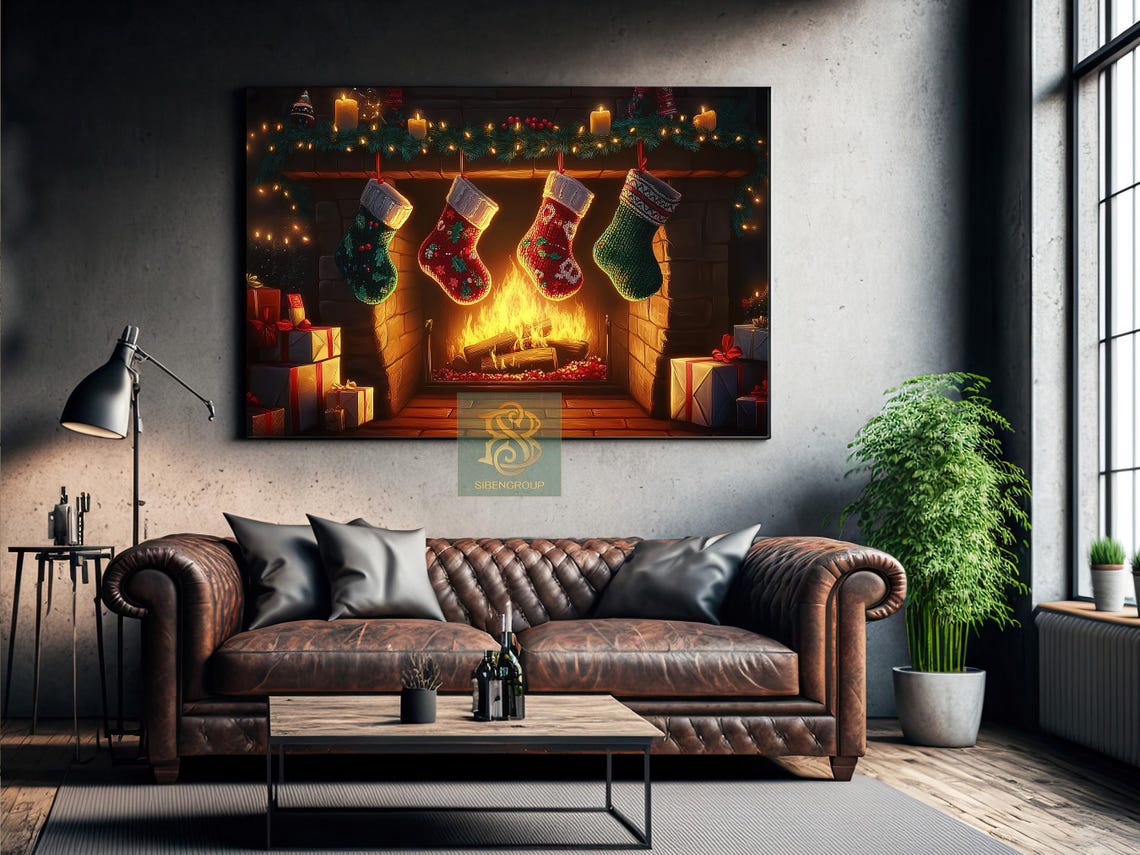 Cozy Christmas Fireplace With Knit Stockings Garland And Gifts Print - Image 3