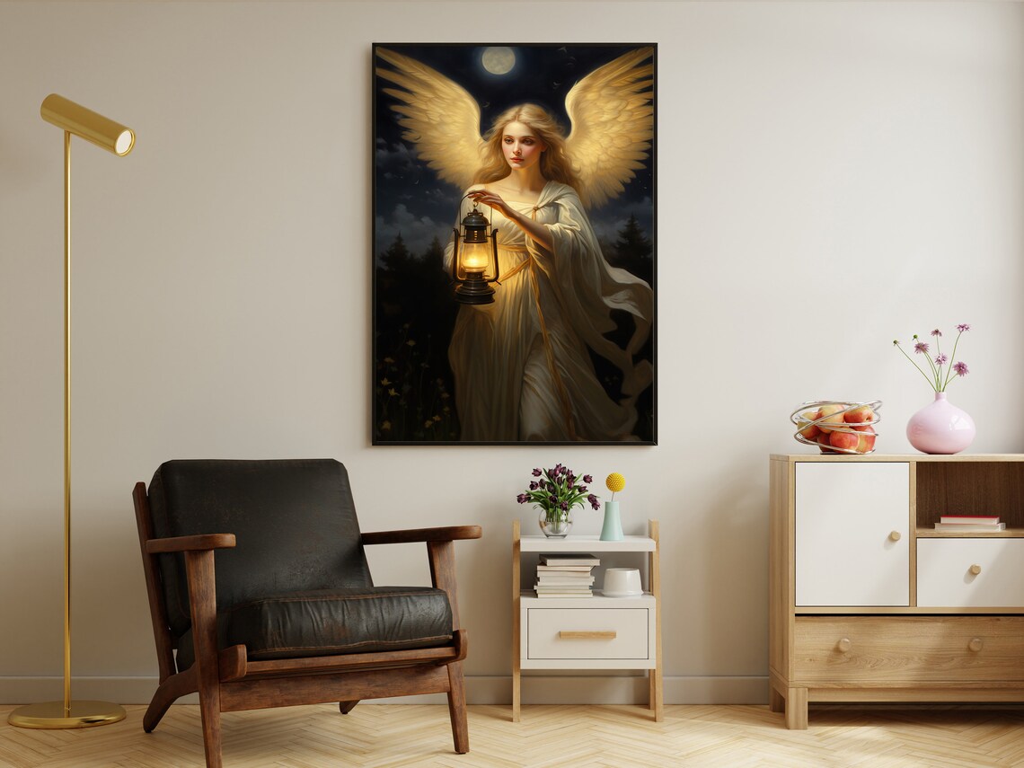 Vintage Angel Holding a Lantern Religious Art Print - Image 2