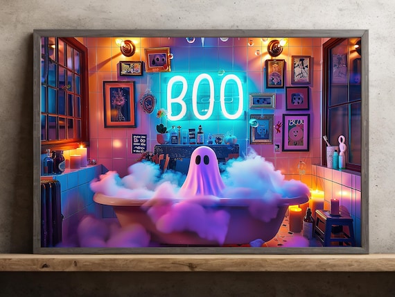 Cute Ghost In Neon Lit Bubble Bath BOO Sign Spooky Halloween Wall Art