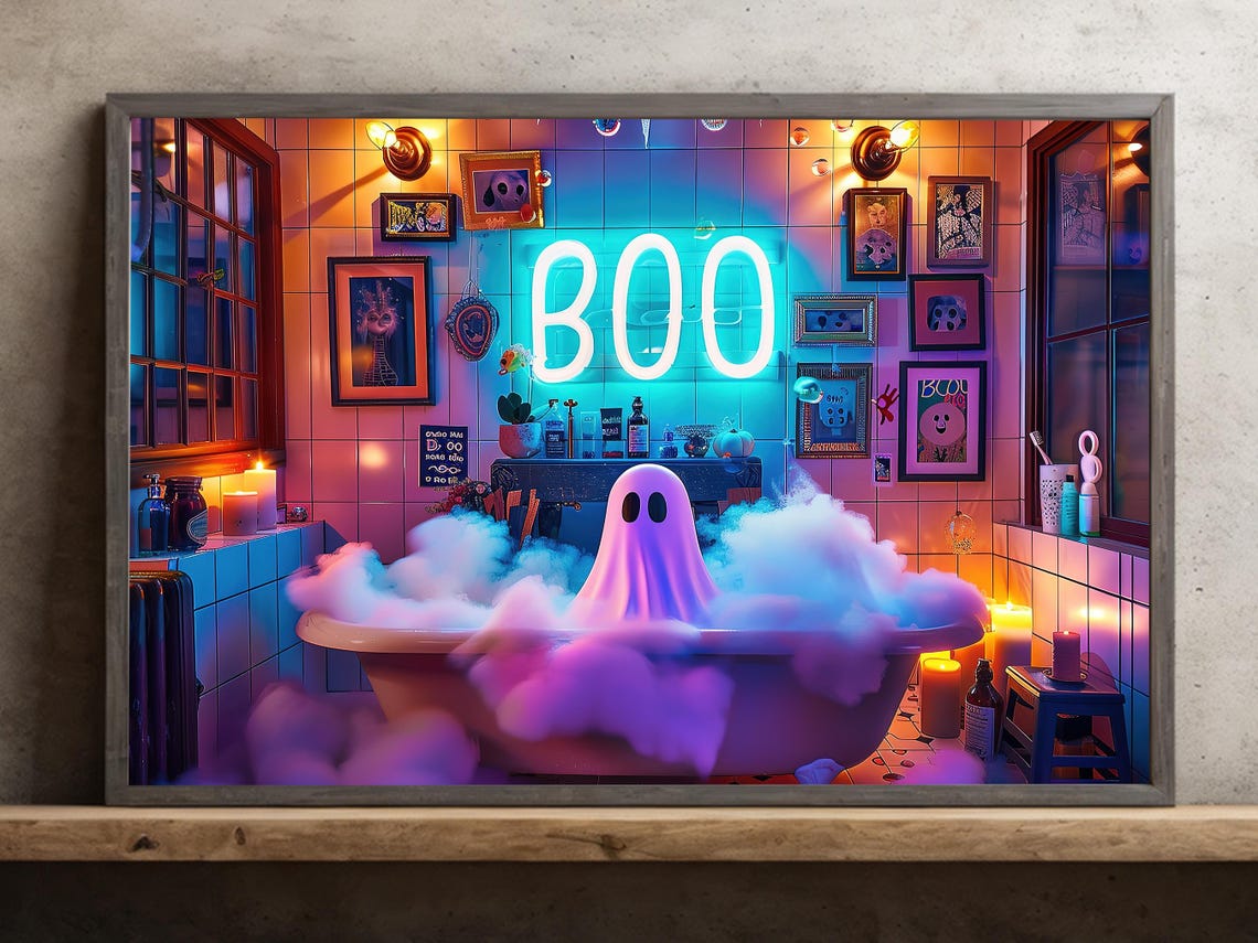 Cute Ghost In Neon Lit Bubble Bath BOO Sign Spooky Halloween Wall Art