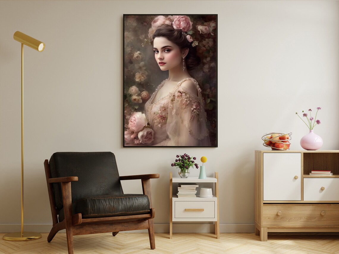Romantic Victorian Woman Blush Roses Floral Oil Painting Beauty Wall Art - Image 2