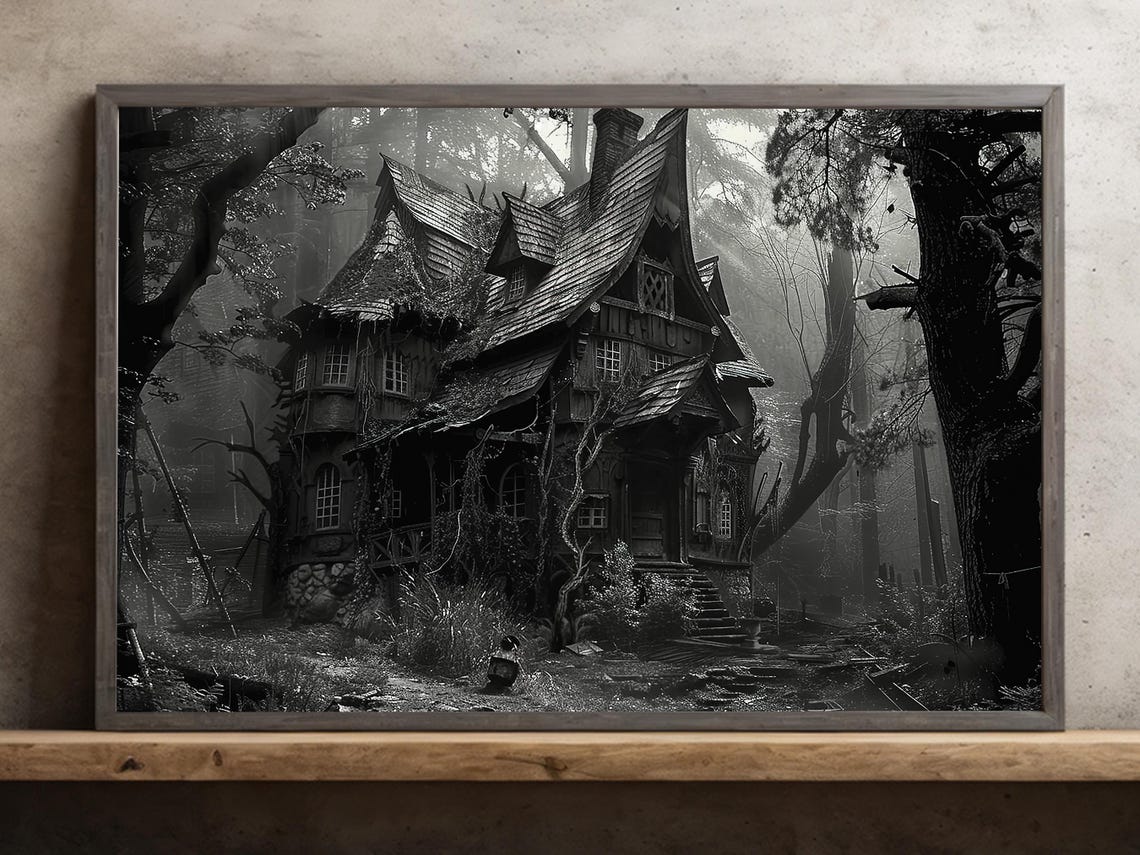 Haunted House In Misty Forest Black And White Spooky Art Print