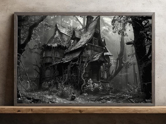 Haunted House In Misty Forest Black And White Spooky Art Print