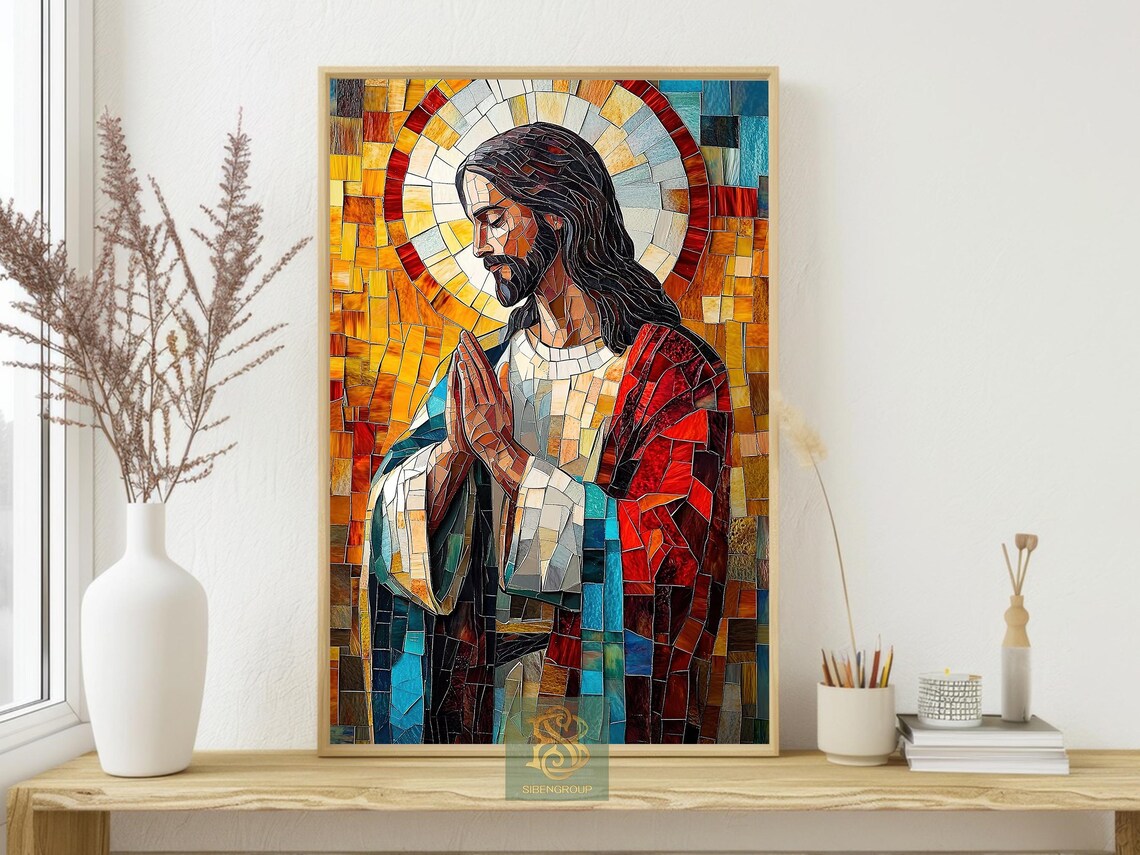 Praying Jesus Christ Stained Glass Mosaic Gold Halo Christian Poster - Image 3