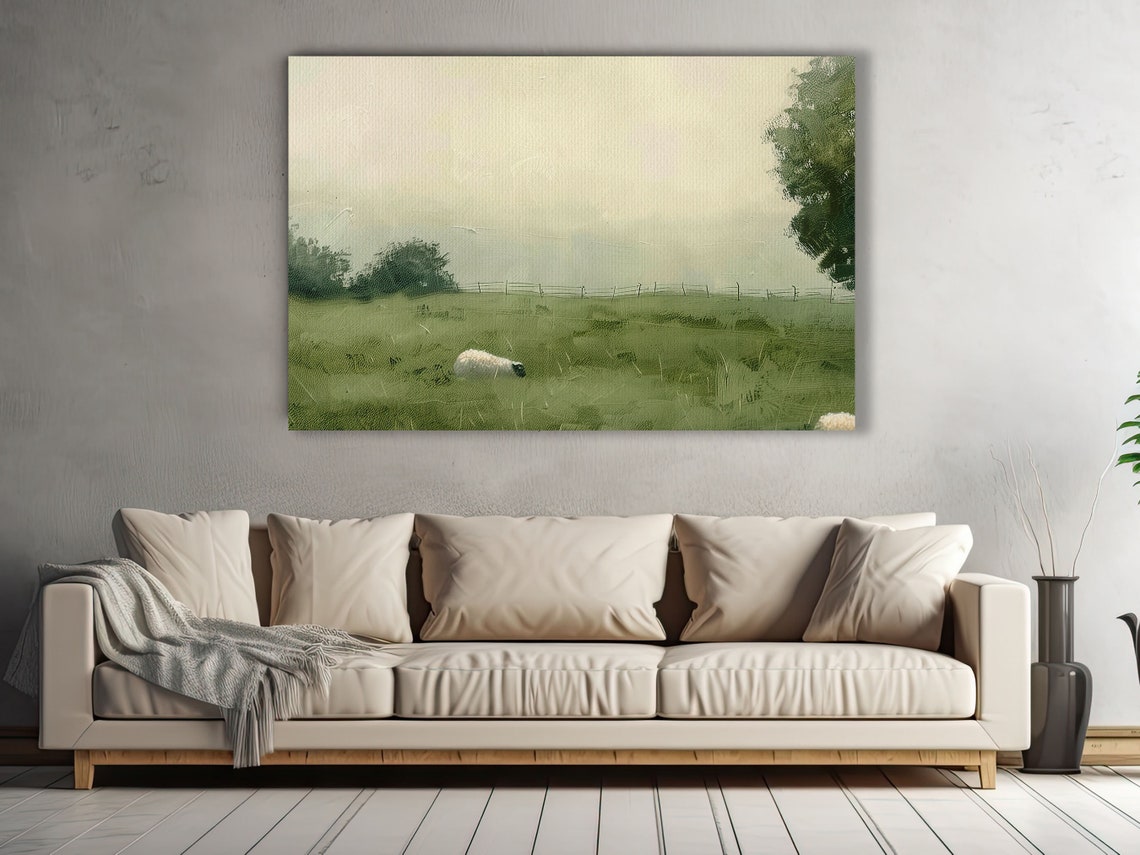 Sheep Grazing In Misty Green Pasture Minimalist Farm Art Poster - Image 3