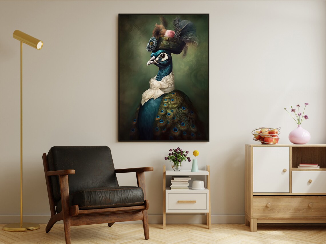 Peacock Gentleman In Victorian Feather Hat And White Bow Animal Art Poster - Image 3