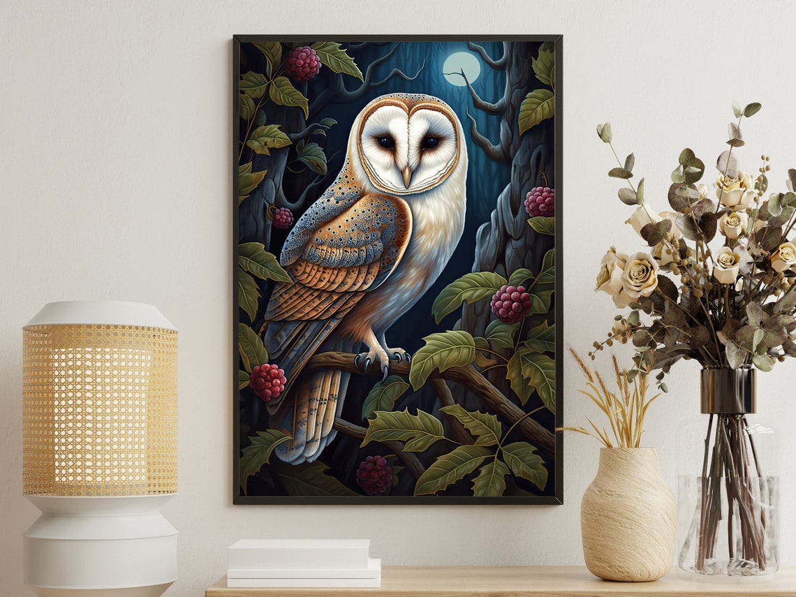 Barn Owl Moonlit Forest Berries Nocturnal Wildlife Art Poster