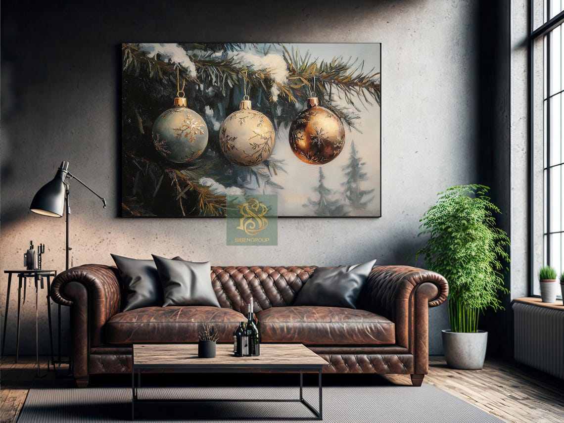 Gold And Blue Christmas Baubles On Snowy Pine Branch Holiday Print - Image 2