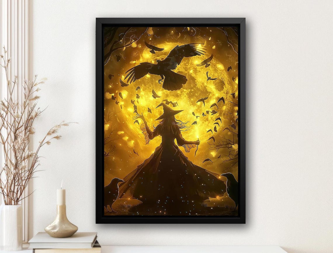 Witch Silhouette with Crows Before Giant Golden Full Moon Art Poster