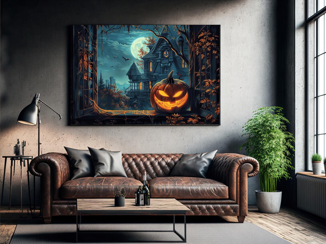 Glowing Jack O Lantern on Haunted House Windowsill Full Moon Night Poster - Image 2