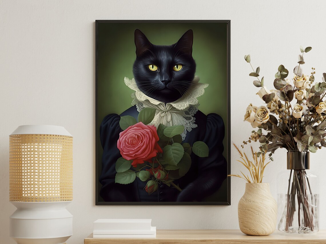 Elegant Black Cat Lady In Victorian Gown Holding A Pink Rose Poster