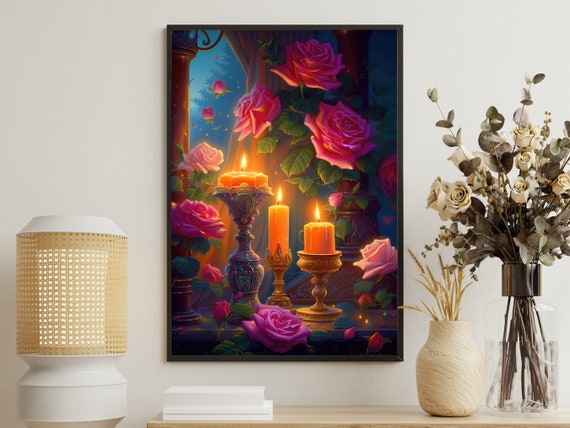 Vintage Candle Light Painting Retro Dark Flowers Art Print Candlelight Print Gothic Art Print Dark Academia Art Print
