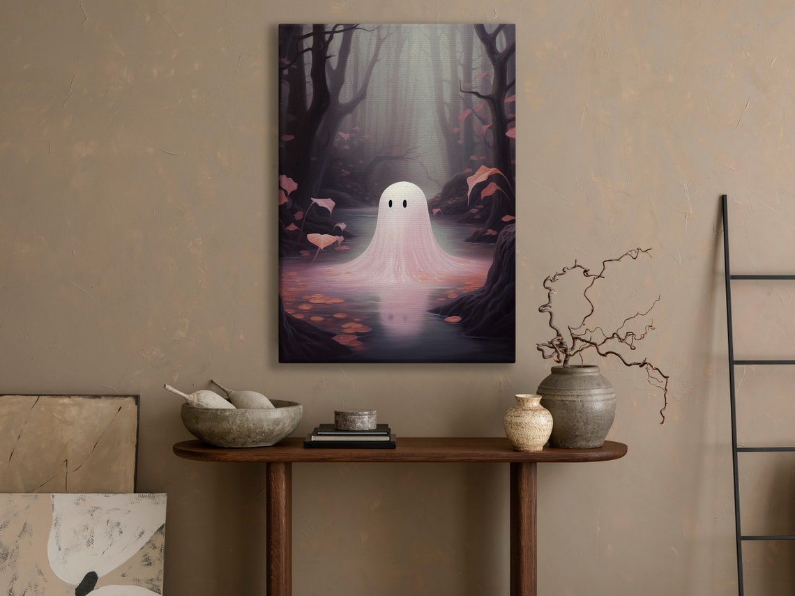 Pink Ghost Misty Forest Pond Dreamy Pastel Halloween Art Poster - Image 3