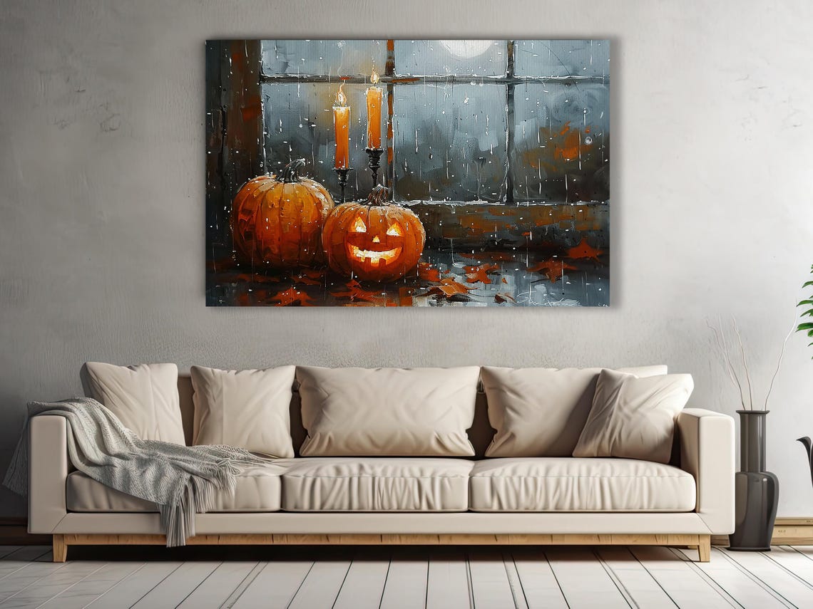Pumpkins and Candles by Rainy Window Impasto Autumn Painting Poster - Image 2