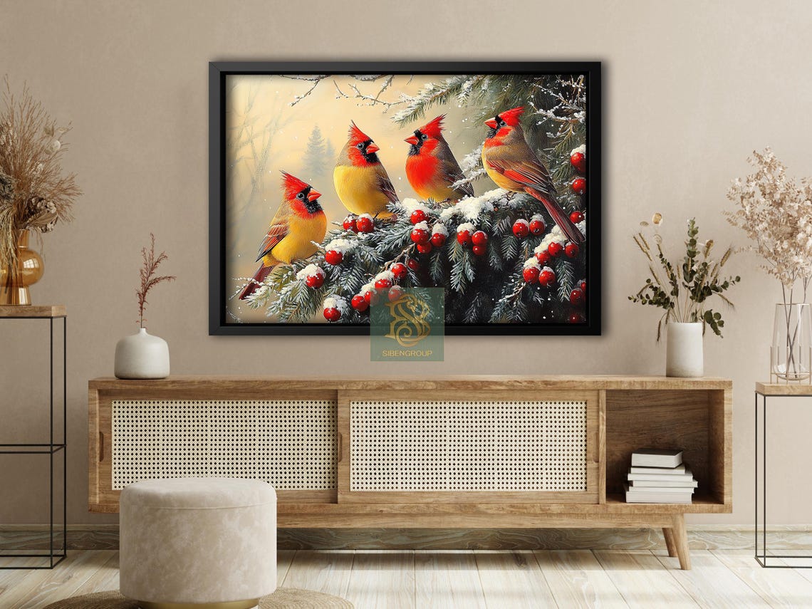 Four Red Cardinals Perched On Snowy Pine Branch With Red Berries Print - Image 4